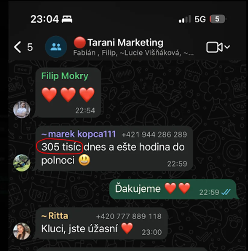 WhatsApp skupina Tarani Marketing – 305 tisíc tržby za deň a ešte hodina do polnoci
